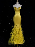 Mermaid Strapless Yellow Satin Party Dress Long Prom Dress Evening Dresses SD1849