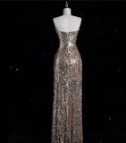 A line Spaghetti Straps Sequin Long Evening Dress Prom Dresses SD1850