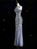 Sheath Spaghetti Straps Sequin Silver Long Evening Dress Prom Dresses SD1851