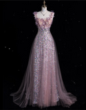 A Line Straps Sequin Pink Party Dress Long Prom Dress Evening Dresses SD1855