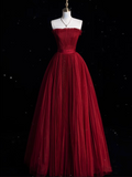 A Line Strapless Burgundy Party Dress Long Prom Dress Evening Dresses SD1856