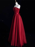 A Line Strapless Burgundy Party Dress Long Prom Dress Evening Dresses SD1856