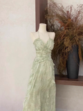 A line Halter Ruffled Sage Green Long Women's Vacation Holiday Dresses SD185