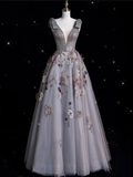 Ball Gown V Neckline Gray Tulle Floral Long Evening Gowns Prom Dresses SD1862