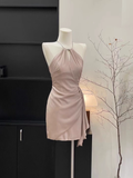 Sheath Halter Ruffled Pink Women's Holiday Dresses SD187