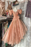 High Low Short Sleeves Flowers Evening Dress Prom Dresses SD1906