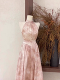 A Line Halter Ruffled Pink Long Women's Holiday Dresses SD190