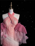 Fashion Mermaid Halter Pink Tulle Floor Length Evening Dress Prom Dresses SD1914