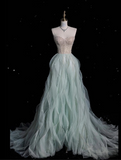 Fashion A line Sweetheart Tulle Floor Length Evening Dress Prom Dresses SD1916