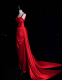 Fashion Sheath Straps Red Satin Floor Length Evening Dress Prom Dresses SD1917 HZ0628