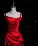 Fashion Sheath Straps Red Satin Floor Length Evening Dress Prom Dresses SD1917 HZ0628