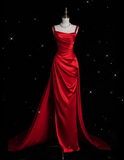 Fashion Sheath Straps Red Satin Floor Length Evening Dress Prom Dresses SD1917 HZ0628