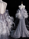 Fashion Mermaid High Neckline Sequin Floral Floor Length Evening Dress Prom Dresses SD1923