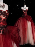 Ball Gown Sweetheart Burgundy Tulle Party Dress Long Prom Dress Evening Dresses SD1924