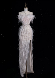 Mermaid Strapless Feathers Floor Length Evening Dress Sequin Prom Dresses SD1937