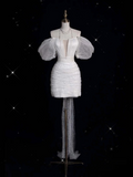 Sheath Off The Shoulder Sequin Short Sleeves White Wedding Dresses Brides Dress SD1939