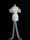 Sheath Off The Shoulder Sequin Short Sleeves White Wedding Dresses Brides Dress SD1939
