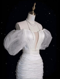 Sheath Off The Shoulder Sequin Short Sleeves White Wedding Dresses Brides Dress SD1939