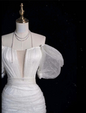 Sheath Off The Shoulder Sequin Short Sleeves White Wedding Dresses Brides Dress SD1939