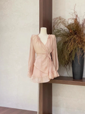 2 Pieces Ruffled Long Sleeves Pink Women's Short Vacation Dresses SD193