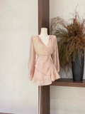 2 Pieces Ruffled Long Sleeves Pink Women's Short Vacation Dresses SD193