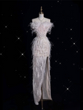 Mermaid Strapless Feathers Floor Length Evening Dress Sequin Prom Dresses SD1937