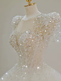 Ball Gown Square Neckline Short Sleeves Sequin White Wedding Dresses Brides Dress SD1949 HZ0628