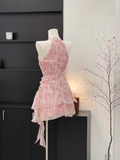 A Line Halter Ruffled Pink Floral Short Women's Holiday Dresses SD194