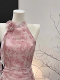 A Line Halter Ruffled Pink Floral Short Women's Holiday Dresses SD194 HZ0628
