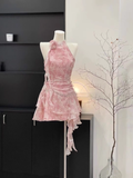 A Line Halter Ruffled Pink Floral Short Women's Holiday Dresses SD194 HZ0628