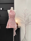 A Line Halter Ruffled Pink Floral Short Women's Holiday Dresses SD194 HZ0628