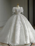 Ball Gown Square Neckline Short Sleeves Sequin White Wedding Dresses Brides Dress SD1950 HZ0628