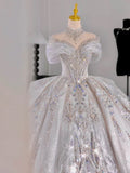 Ball Gown Off The Shoulder Short Sleeves Sequin White Wedding Dresses Brides Dress SD1955 HZ0628