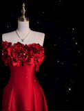 A line Strapless Satin Long Red Prom Dress Evening Dress Formal Dress SD1978