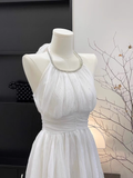 A Line Halter Ruffled White Short Women's Holiday Dresses Birthday Outfits With Beads SD198