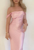 Off The Shoulder Floor-length Satin Pink Evening Dress Prom Dresses SD2013 HZ0628