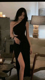 Mermaid One Shoulder Black Slit Party Dresses Prom Dress SD2017