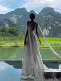 A line V Neckline White Chiffon Long Party Dresses Prom Dress SD2025