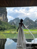A line V Neckline White Chiffon Long Party Dresses Prom Dress SD2025