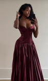 A line Spaghetti Straps Burgundy Long Satin Party Dresses Prom Dress SD2024 HZ0628