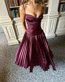 A line Spaghetti Straps Burgundy Long Satin Party Dresses Prom Dress SD2024 HZ0628