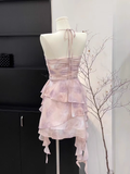 Sheath Halter Ruffled Light Pink Short Women's Holiday Summer Dresses SD202