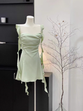 Sheath Straps Sleeveless Ruffled Sage Green Short Women's Holiday Summer Dresses SD203