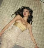 Mermaid Strapless Long Yellow Sequin Satin Party Dresses Prom Dresses SD2042 HZ0628