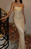 Mermaid Strapless Long Yellow Sequin Satin Party Dresses Prom Dresses SD2042 HZ0628