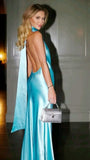 Mermaid Halter Satin Long Party Dresses Blue Backless Prom Dress SD2044 HZ0628