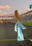 Mermaid Halter Satin Long Party Dresses Blue Backless Prom Dress SD2044 HZ0628