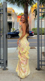 Mermaid Spaghetti Straps Floor Length Floral Yellow Chiffon Evening Dress Prom Dresses SD2045 HZ0628