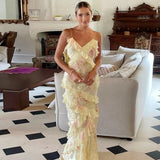 Mermaid Spaghetti Straps Floor Length Floral Yellow Chiffon Evening Dress Prom Dresses SD2045 HZ0628