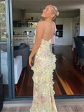 Mermaid Spaghetti Straps Floor Length Floral Yellow Chiffon Evening Dress Prom Dresses SD2045 HZ0628